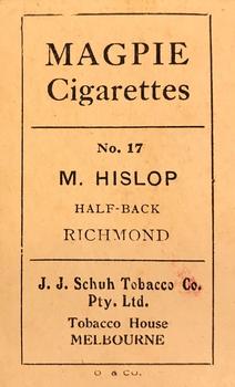 1921 J.J.Schuh Magpie Cigarettes Australian Footballers - Victorian League #17 Max Hislop Back